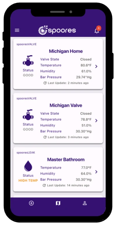 The Spoores app on a phone, cycling through the device list, valve controls, notifications, the device map, and a sensor chart