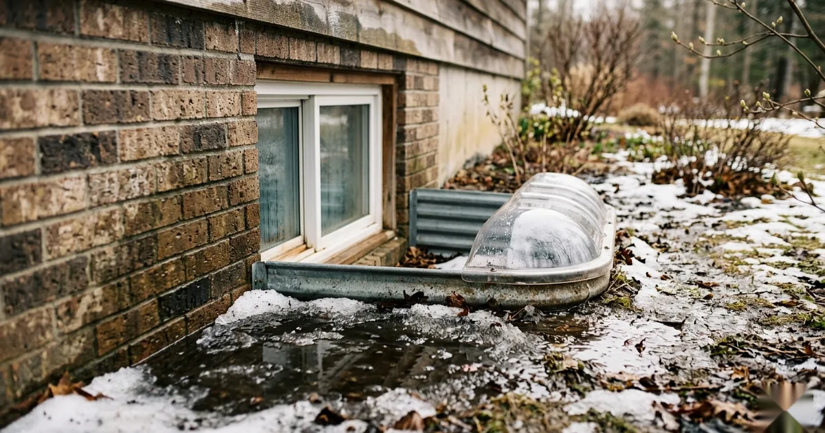 Melting snow pooling against a house foundation beside a basement window well